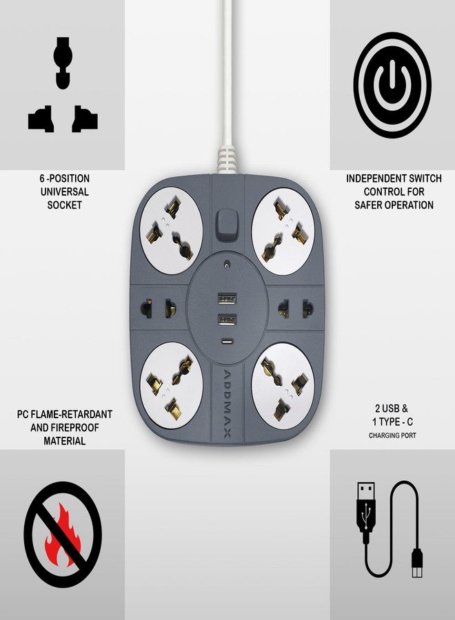 ADDMAX Extension Board with USB | 6 Power Sockets, 2 USB Ports + 1 Type-C Port | 1.8M Heavy Duty Cord | 10A 220V Multi Plug Extension Cord | Fireproof Power Strip for Home, Office & Laptop - Grey - Image 2